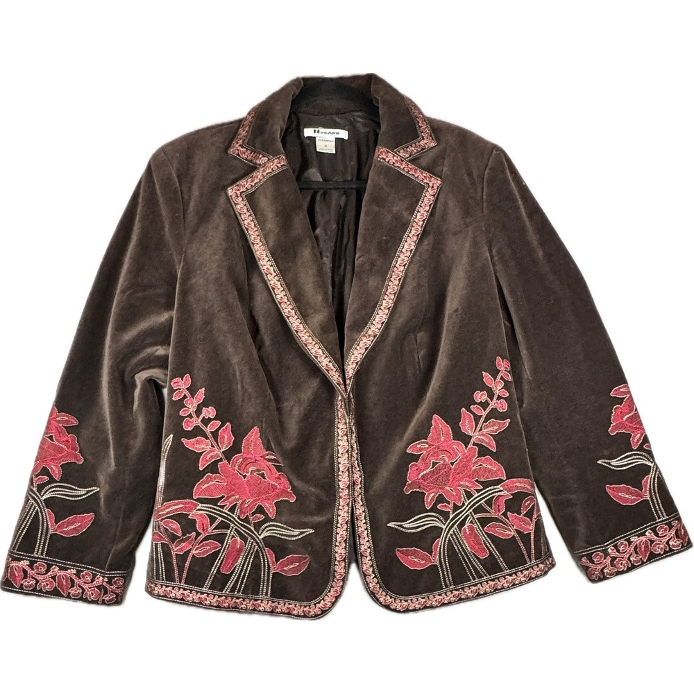 Vtg Nygard Collection Blazer Women 16 Brown Floral Velvet Embroidered Boho